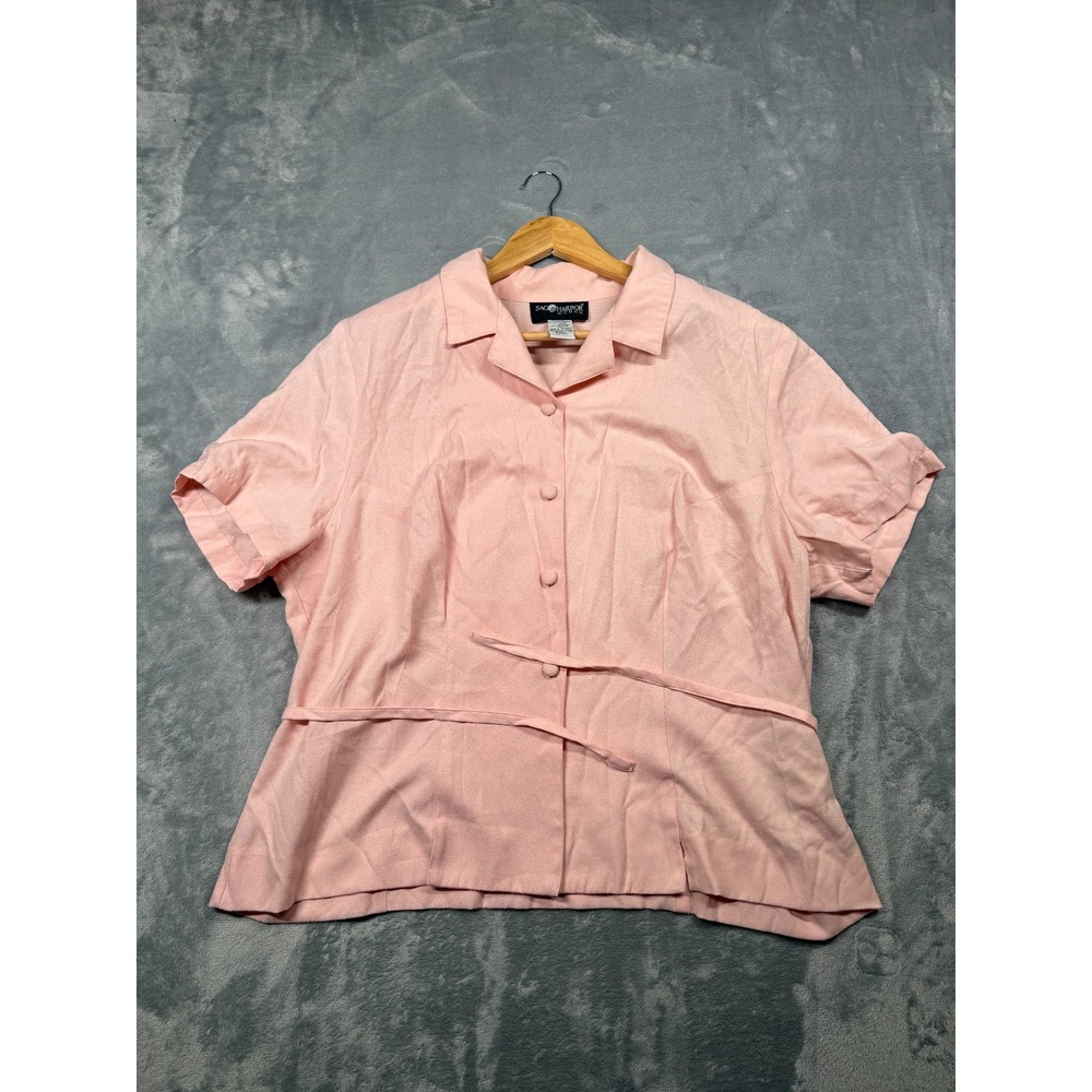 Sag Harbor Shirt Top Womens 2X Light Pink Rayon Tie Waist Notch Collar Button-Up